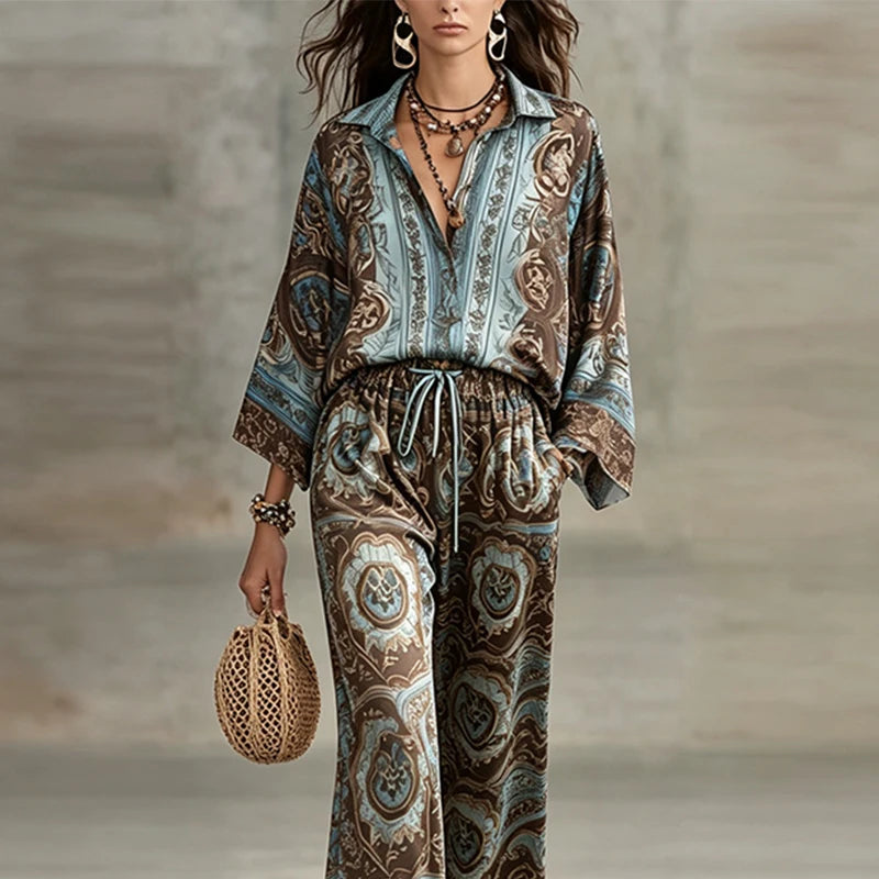 Boho Ethnic Print 2 Piece Set Women Summer Lapel Long Sleeve Shirt Top & Wide Leg Pants Streetwear Casual Loose Trousers Suit