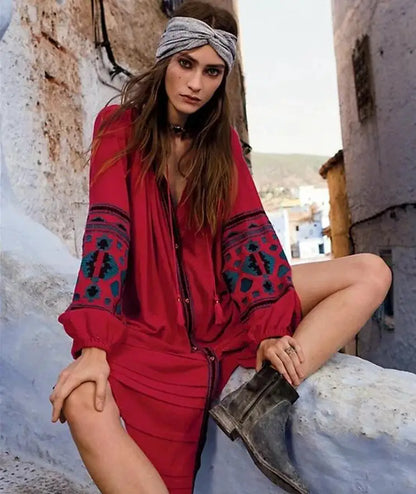 Boho Dress For Women Cotton Floral Embroidery O-neck Tassel Lantern Long Sleeve Vintage Shirt Dresses Casual Holiday Vestidos