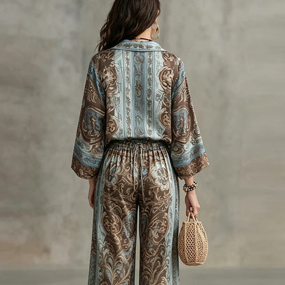 Boho Ethnic Print 2 Piece Set Women Summer Lapel Long Sleeve Shirt Top & Wide Leg Pants Streetwear Casual Loose Trousers Suit