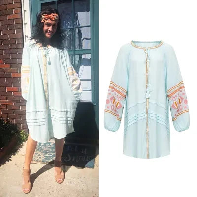 Boho Dress For Women Cotton Floral Embroidery O-neck Tassel Lantern Long Sleeve Vintage Shirt Dresses Casual Holiday Vestidos