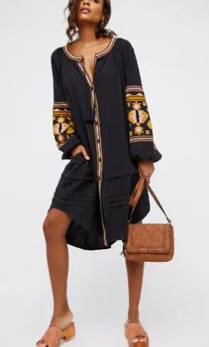Boho Dress For Women Cotton Floral Embroidery O-neck Tassel Lantern Long Sleeve Vintage Shirt Dresses Casual Holiday Vestidos