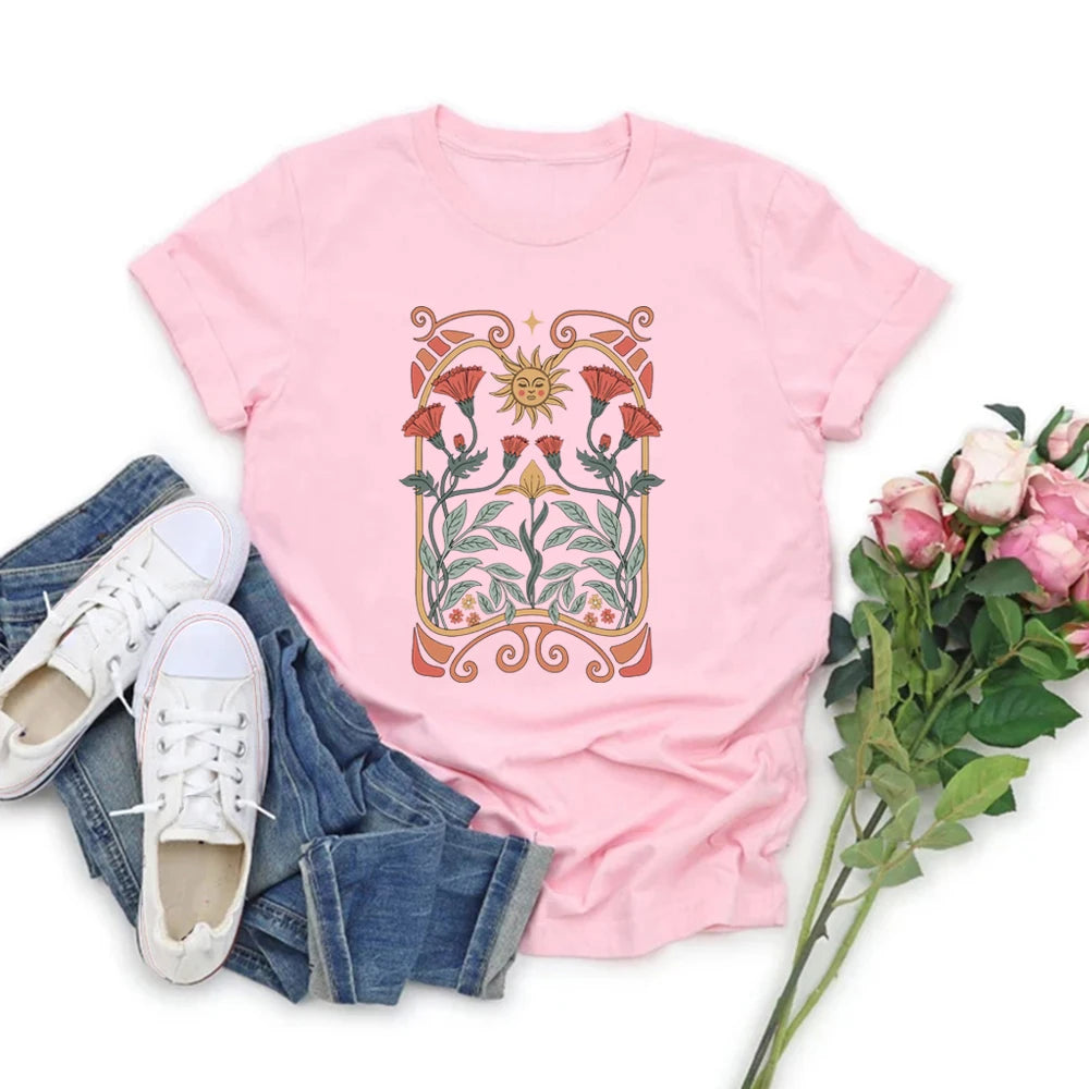 Boho Wildflowers Tshirt Boho Flowers T Shirt Women Short Sleeve T-shirts Vintage Casual Tops Floral Nature Tee Women Clothing