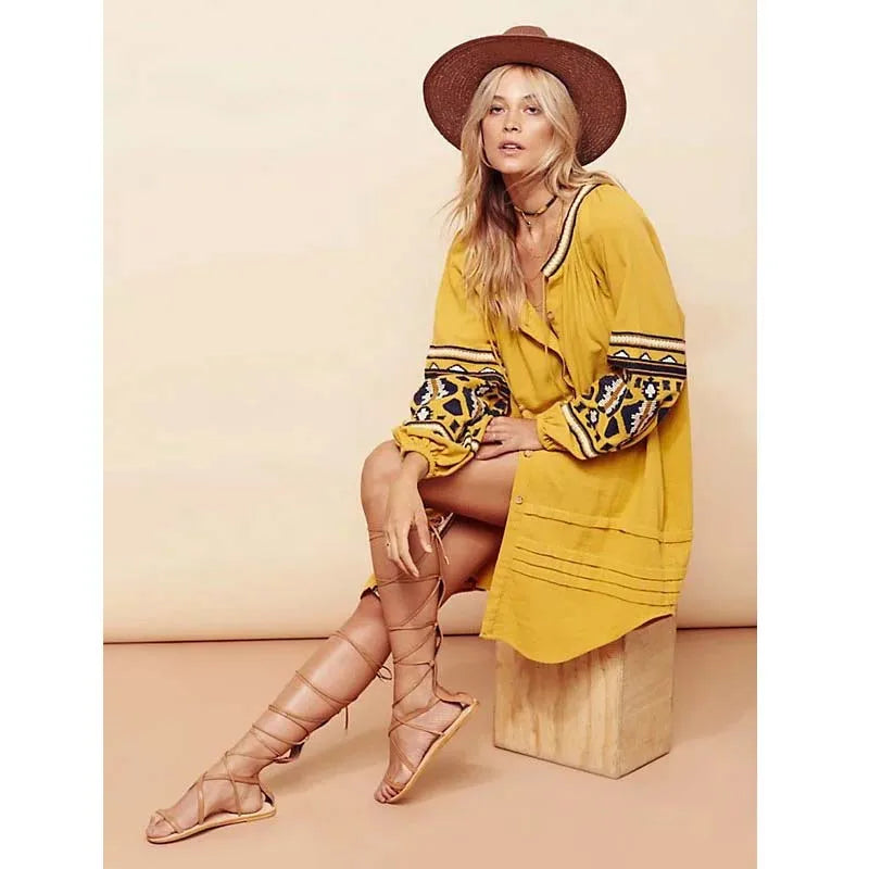 Boho Dress For Women Cotton Floral Embroidery O-neck Tassel Lantern Long Sleeve Vintage Shirt Dresses Casual Holiday Vestidos