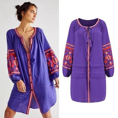 Boho Dress For Women Cotton Floral Embroidery O-neck Tassel Lantern Long Sleeve Vintage Shirt Dresses Casual Holiday Vestidos