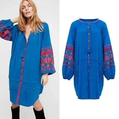 Boho Dress For Women Cotton Floral Embroidery O-neck Tassel Lantern Long Sleeve Vintage Shirt Dresses Casual Holiday Vestidos