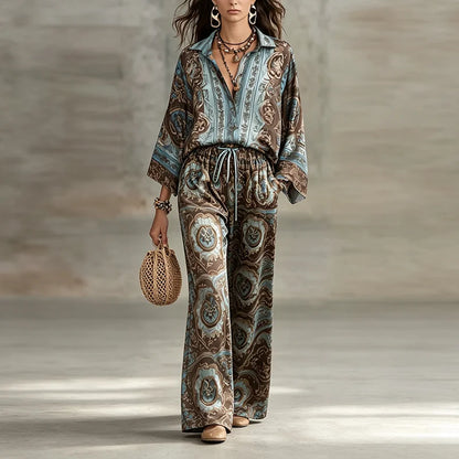 Boho Ethnic Print 2 Piece Set Women Summer Lapel Long Sleeve Shirt Top & Wide Leg Pants Streetwear Casual Loose Trousers Suit