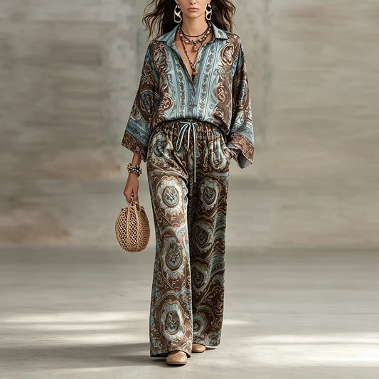 Boho Ethnic Print 2 Piece Set Women Summer Lapel Long Sleeve Shirt Top & Wide Leg Pants Streetwear Casual Loose Trousers Suit