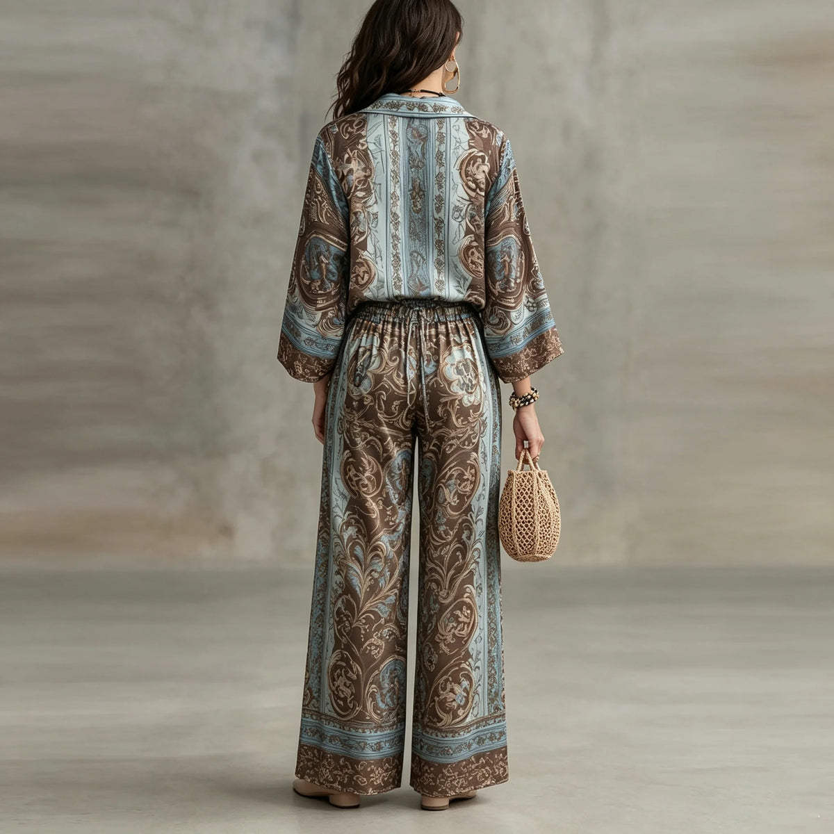 Boho Ethnic Print 2 Piece Set Women Summer Lapel Long Sleeve Shirt Top & Wide Leg Pants Streetwear Casual Loose Trousers Suit
