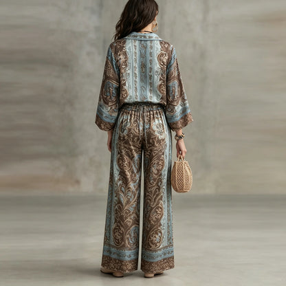Boho Ethnic Print 2 Piece Set Women Summer Lapel Long Sleeve Shirt Top & Wide Leg Pants Streetwear Casual Loose Trousers Suit