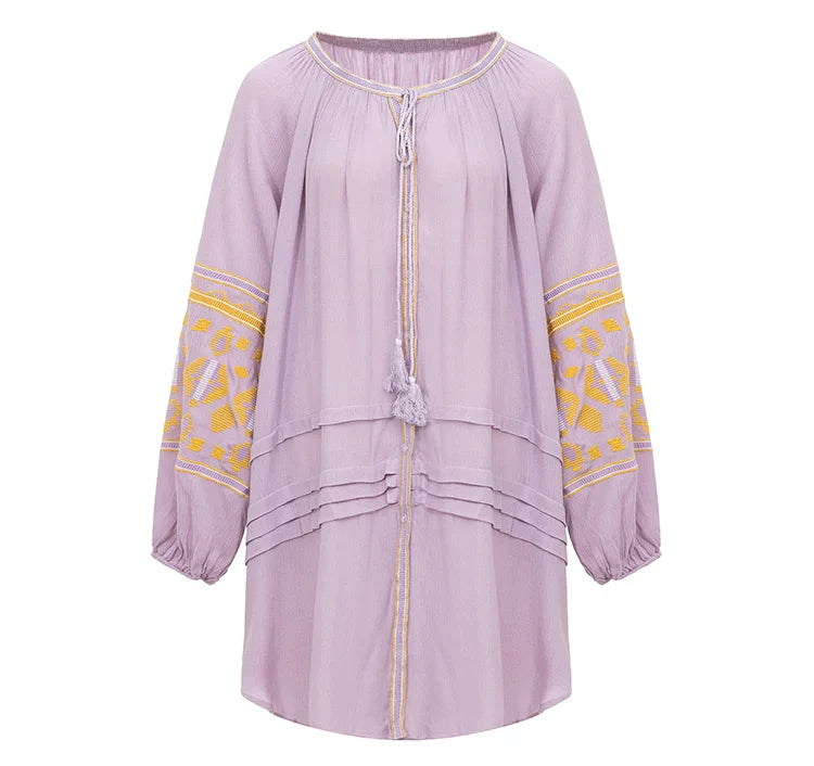 Boho Dress For Women Cotton Floral Embroidery O-neck Tassel Lantern Long Sleeve Vintage Shirt Dresses Casual Holiday Vestidos