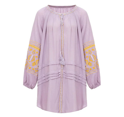 Boho Dress For Women Cotton Floral Embroidery O-neck Tassel Lantern Long Sleeve Vintage Shirt Dresses Casual Holiday Vestidos