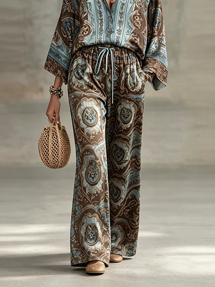 Boho Ethnic Print 2 Piece Set Women Summer Lapel Long Sleeve Shirt Top & Wide Leg Pants Streetwear Casual Loose Trousers Suit