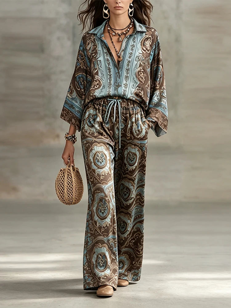 Boho Ethnic Print 2 Piece Set Women Summer Lapel Long Sleeve Shirt Top & Wide Leg Pants Streetwear Casual Loose Trousers Suit