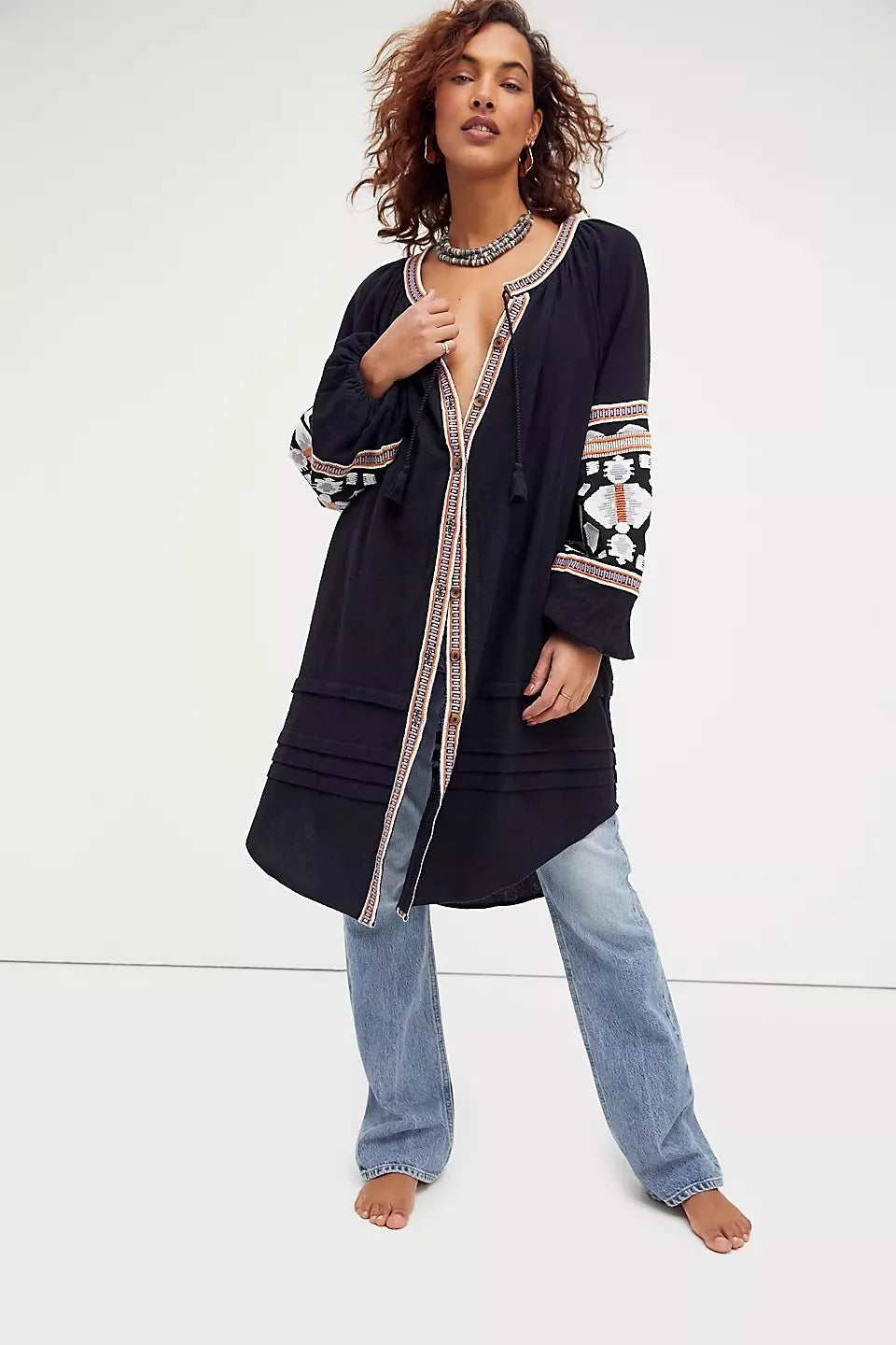Boho Dress For Women Cotton Floral Embroidery O-neck Tassel Lantern Long Sleeve Vintage Shirt Dresses Casual Holiday Vestidos