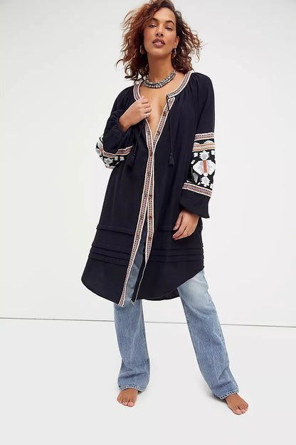 Boho Dress For Women Cotton Floral Embroidery O-neck Tassel Lantern Long Sleeve Vintage Shirt Dresses Casual Holiday Vestidos