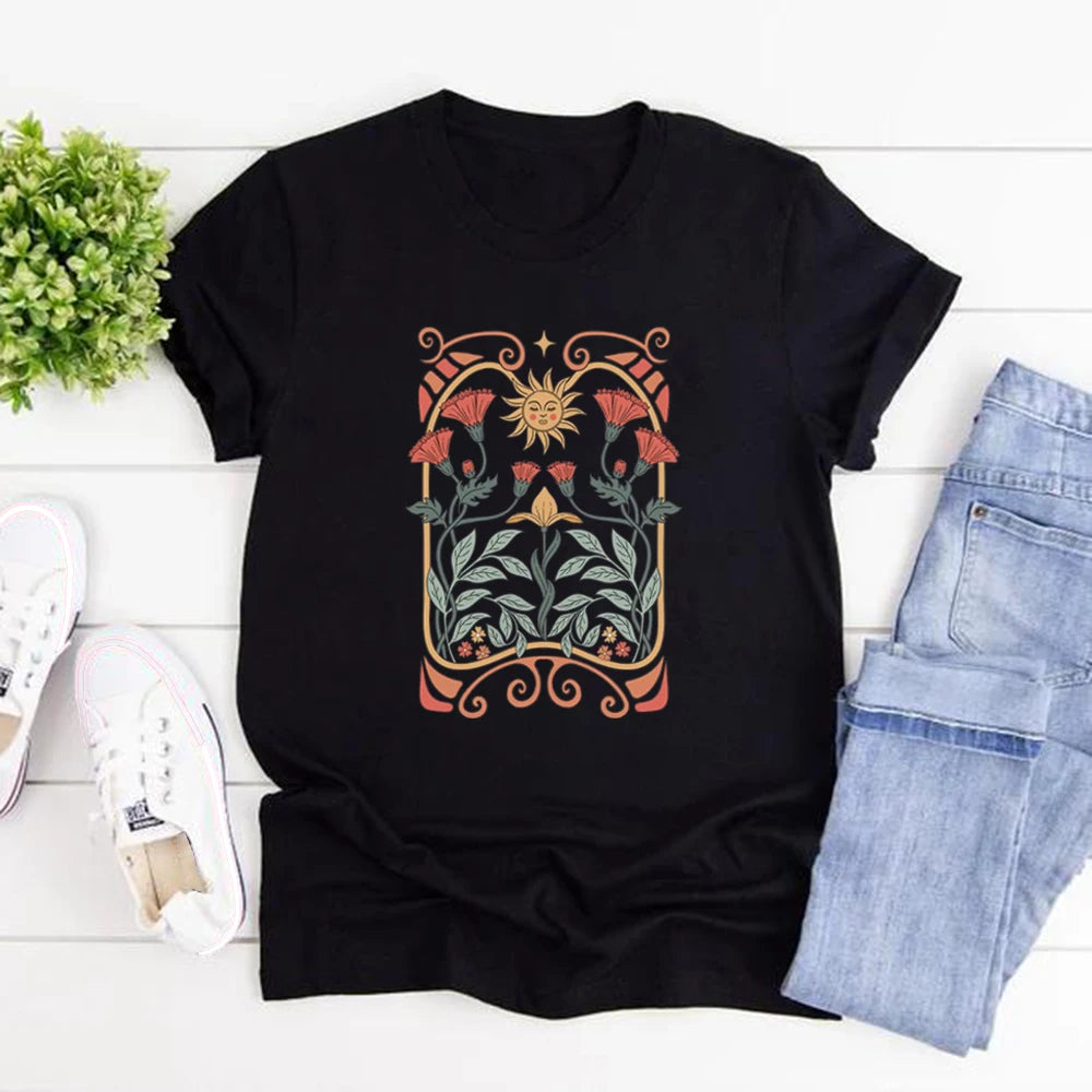 Boho Wildflowers Tshirt Boho Flowers T Shirt Women Short Sleeve T-shirts Vintage Casual Tops Floral Nature Tee Women Clothing