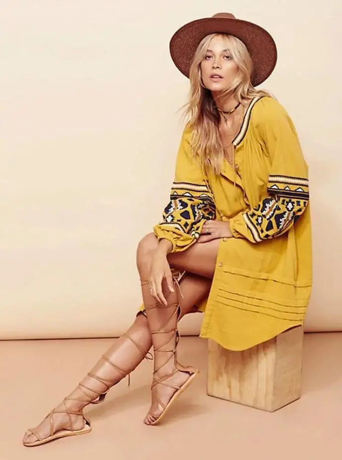 Boho Dress For Women Cotton Floral Embroidery O-neck Tassel Lantern Long Sleeve Vintage Shirt Dresses Casual Holiday Vestidos