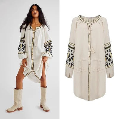 Boho Dress For Women Cotton Floral Embroidery O-neck Tassel Lantern Long Sleeve Vintage Shirt Dresses Casual Holiday Vestidos