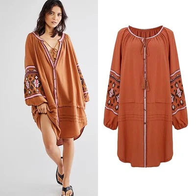 Boho Dress For Women Cotton Floral Embroidery O-neck Tassel Lantern Long Sleeve Vintage Shirt Dresses Casual Holiday Vestidos