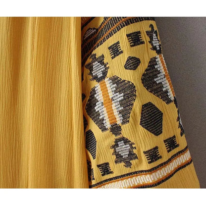 Boho Dress For Women Cotton Floral Embroidery O-neck Tassel Lantern Long Sleeve Vintage Shirt Dresses Casual Holiday Vestidos