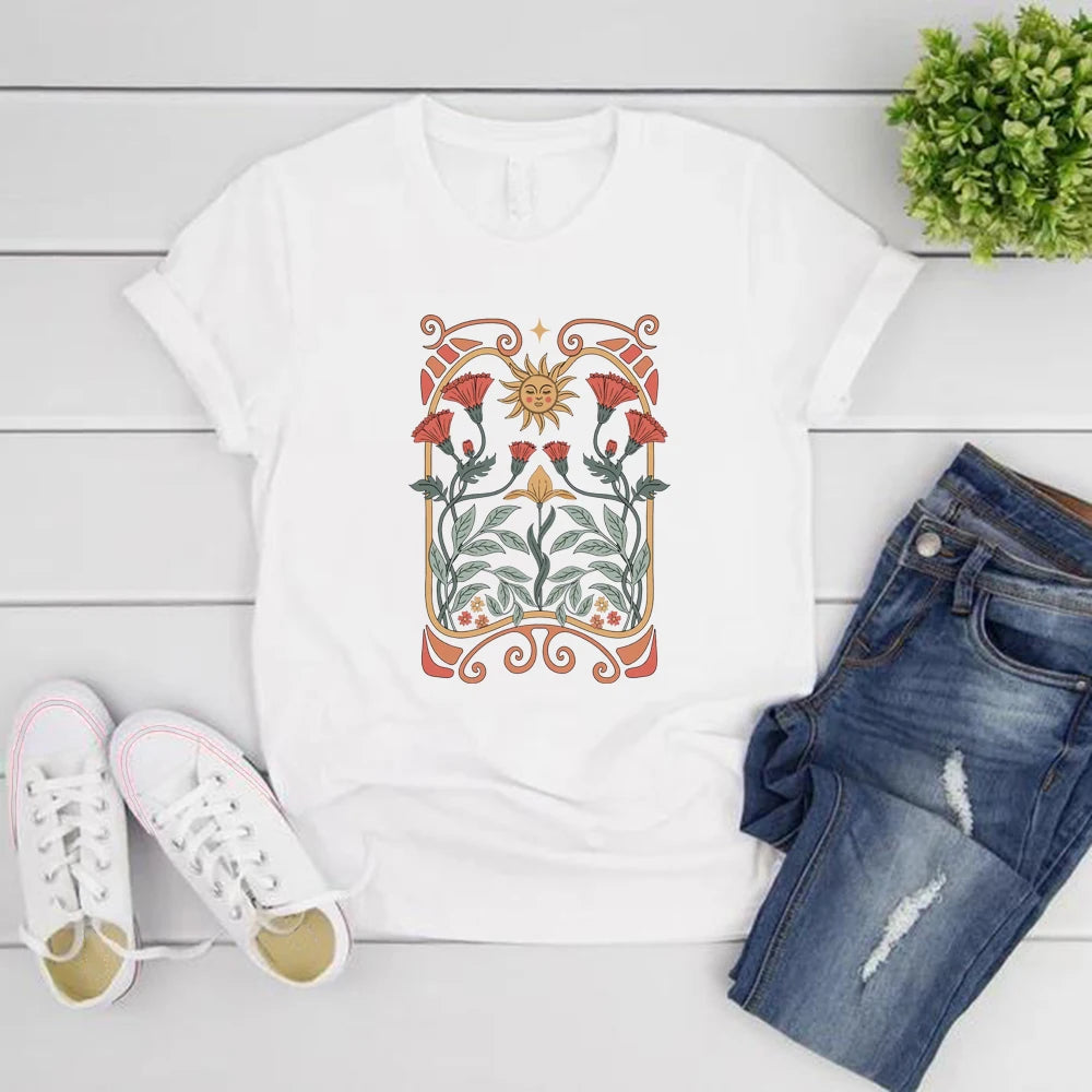 Boho Wildflowers Tshirt Boho Flowers T Shirt Women Short Sleeve T-shirts Vintage Casual Tops Floral Nature Tee Women Clothing