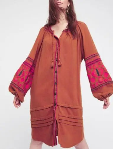 Boho Dress For Women Cotton Floral Embroidery O-neck Tassel Lantern Long Sleeve Vintage Shirt Dresses Casual Holiday Vestidos
