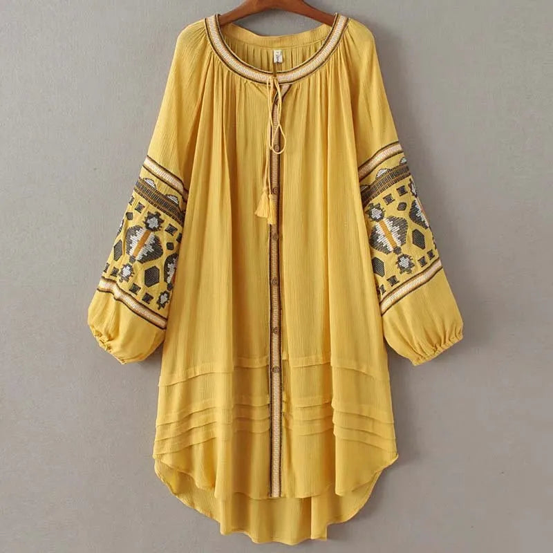 Boho Dress For Women Cotton Floral Embroidery O-neck Tassel Lantern Long Sleeve Vintage Shirt Dresses Casual Holiday Vestidos