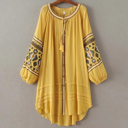 Boho Dress For Women Cotton Floral Embroidery O-neck Tassel Lantern Long Sleeve Vintage Shirt Dresses Casual Holiday Vestidos