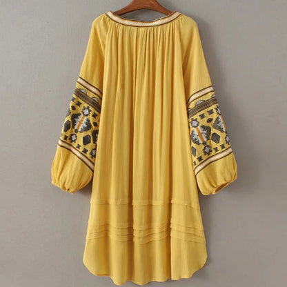 Boho Dress For Women Cotton Floral Embroidery O-neck Tassel Lantern Long Sleeve Vintage Shirt Dresses Casual Holiday Vestidos
