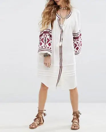 Boho Dress For Women Cotton Floral Embroidery O-neck Tassel Lantern Long Sleeve Vintage Shirt Dresses Casual Holiday Vestidos
