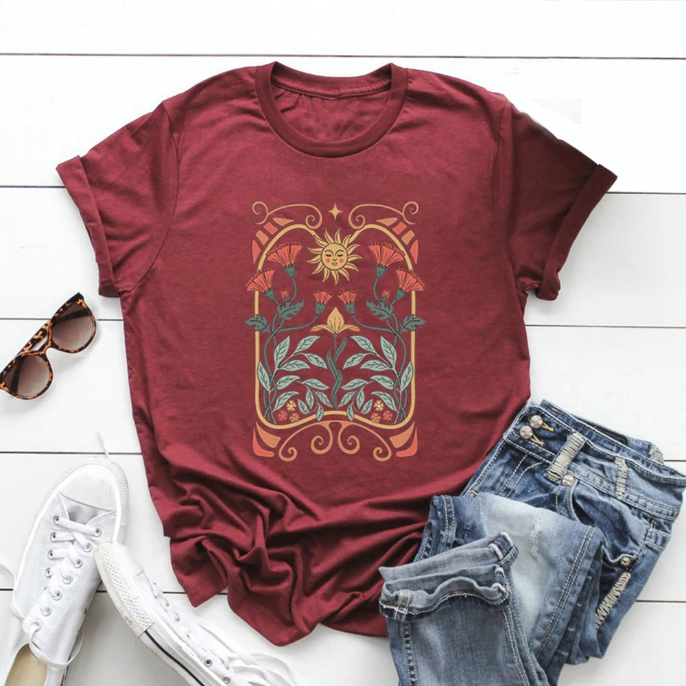 Boho Wildflowers Tshirt Boho Flowers T Shirt Women Short Sleeve T-shirts Vintage Casual Tops Floral Nature Tee Women Clothing