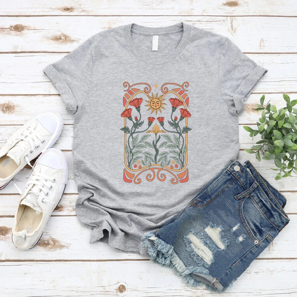 Boho Wildflowers Tshirt Boho Flowers T Shirt Women Short Sleeve T-shirts Vintage Casual Tops Floral Nature Tee Women Clothing